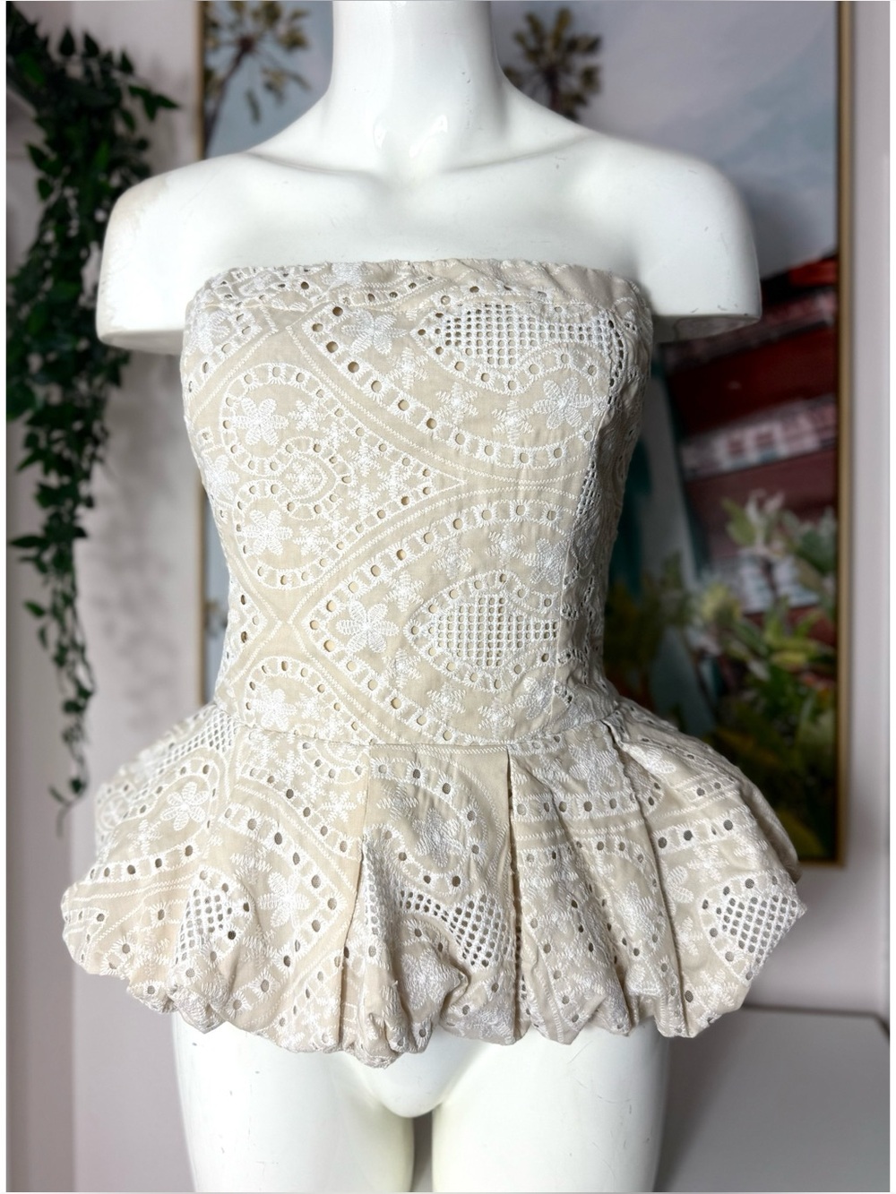 Akira Summer Time Bliss Beige Eyelet Peplum Corset Top Strapless Lace Up Size XL